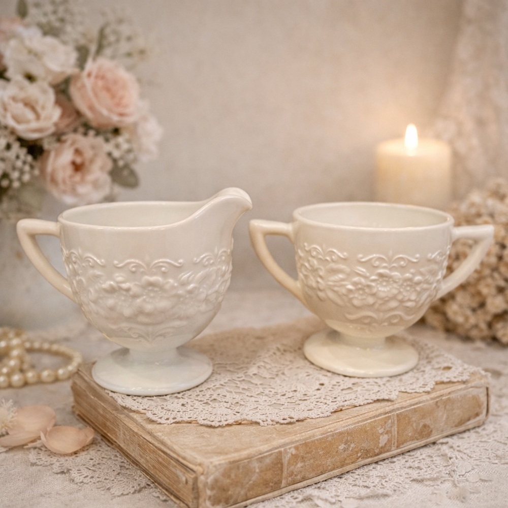 Vintage Indiana Milk Glass Compote Orange Blossom Cream and‎ Sugar Set